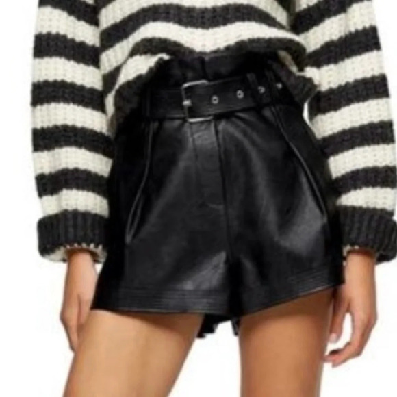 TOPSHOP Faux Leather Paperbag Belted Shorts In Black Size 4 High Waisted - Picture 1 of 13